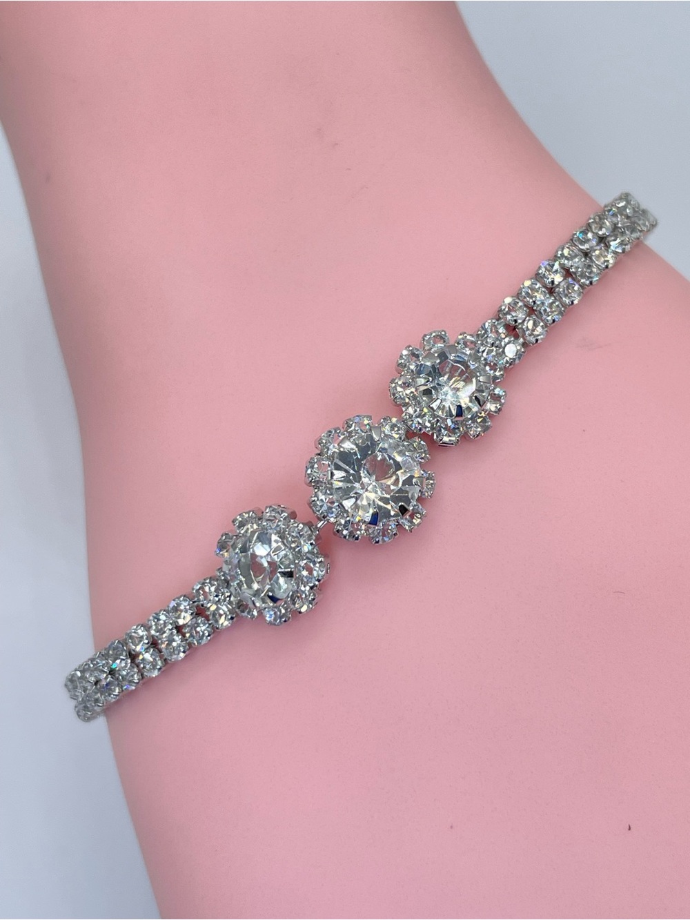 Diamond White Crystal Glass Tennis Bracelet Floral Halo Bridal Formal